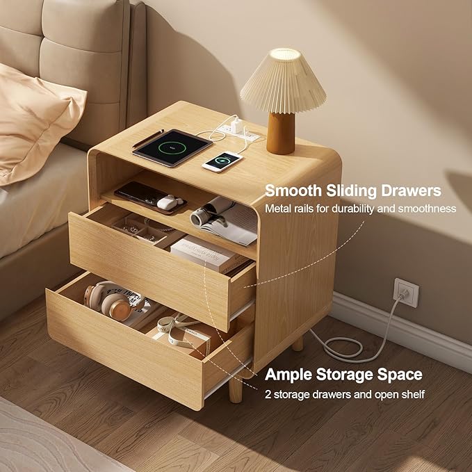 Nasonet Modern Nightstand with Charging Station, Wood End Tables Bedroom Nightstands with Drawers, Wide Curved Bedside Table for Kids Bedroom, Living Room, Oak