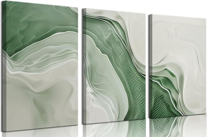 3Pcs Minimalist Green Abstract Canvas Wall Art Modern Neutral Wall Decor Pictures Green White Textured Posters Prints for Living Room Bedroom Home Decoration 16x24in