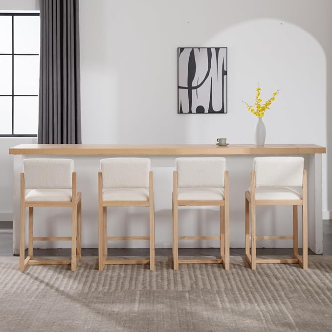 DUOMAY Modern Bar Stools Set of 4, 26" Counter Height Barstools, Sherpa Upholstered Kitchen Island Chair with Wood Legs for Home Bar Coffee Shop, White