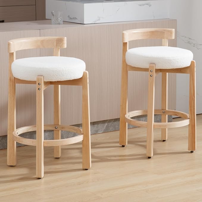 LukeAlon Sherpa Counter Stools Set of 2, Mid Century Upholstered 26.5" Seat Height Low Barstools with Natural Wood Legs Round Low Back Kitchen Stools with Footrest for Dining Room, White