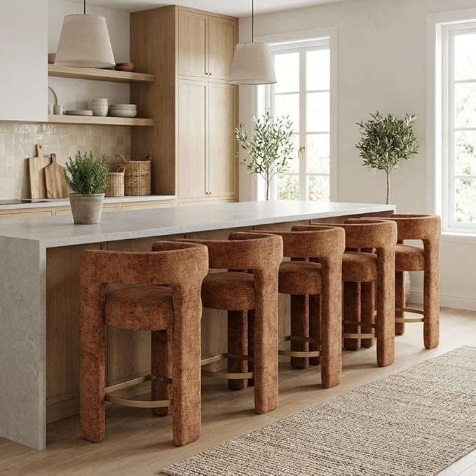 Jofran Gwen Rust Upholstered Counter Stool with Arms – Versatile Barstools – Stylish Seating for Kitchen Dining Room or Home Bar, Natural, Modern Counter Stools, Set of 6