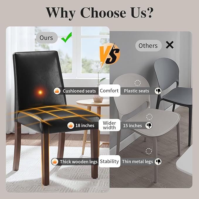 Dining Chairs Set of 4, Modern Dining Room Chairs with Wooden Legs, Faux Leather Upholstered Kitchen Farmhouse Parsons Chairs for Restaurant & Cafe- Black