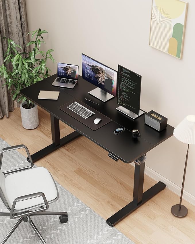 48" Electric Standing Desk Adjustable Height, Sit Stand up Desk for Home Office & Computer Workstation, 2 Memory Height Settings, Splice Board, 2 Hooks, Black Frame/Black Top