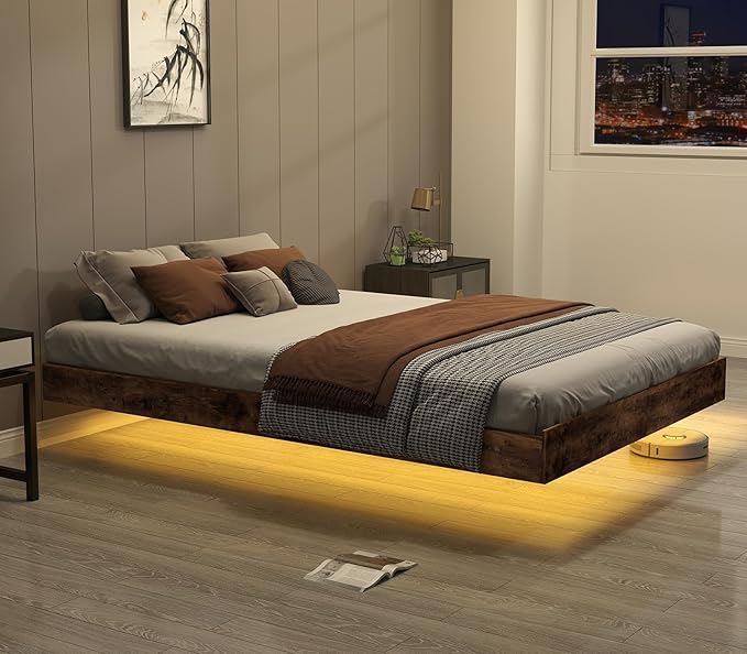 Floating Bed Frame King with LED Lights, Metal Platform King size Floating Bed Frame with Under Bed Storage, Heavy Duty Steel Slats Support, No Box Spring Needed, Noise Free, Easy Assembly, Brown