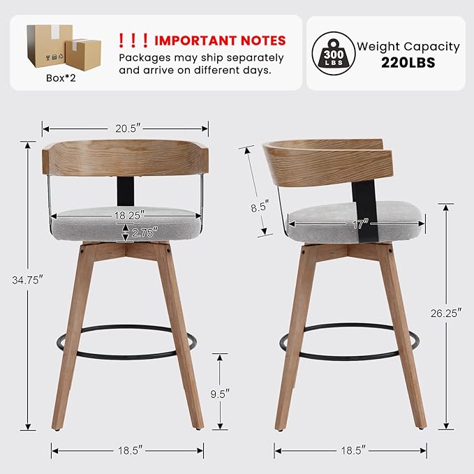 DUOMAY Modern Grey Linen Upholstered 360-Degree Swivel Bar Stool Set of 3 - 26" Counter Height with Footrest & Backrest - Ideal for Kitchen Island & Home Bar