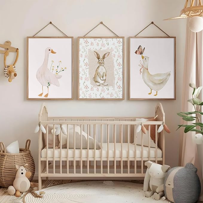 Vintage Nursery Wall Art Goose Canvas Poster Coquette Wall Decor Baby Girl Painting Kids Poster Bunny Rabbit Prints Cute Animal Pictures Duck Artwork for Bedroom Living Room 12x16x3 Inch Unframed