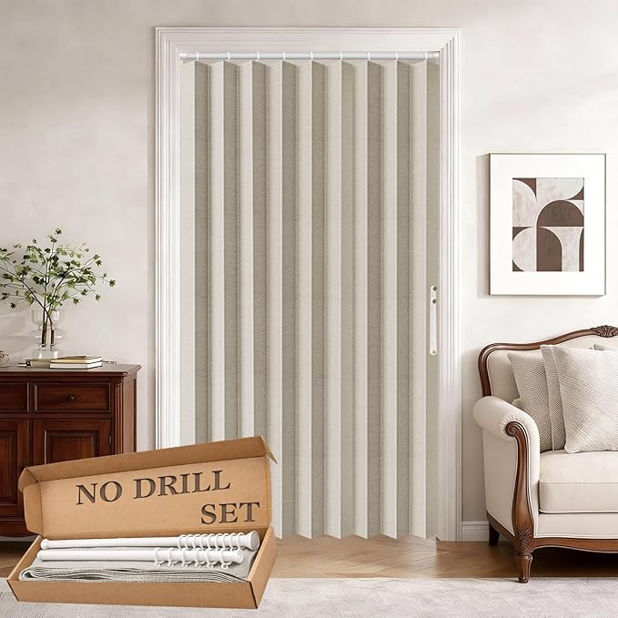 Jilron Accordion Door Curtain Set - 100% Blackout, with Curtain Rod Included, for Bedroom Privacy Protection (Off white-43 W x 78" L+Rod)