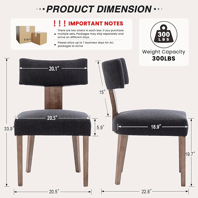 HNY Mid Century Modern Dining Chairs Set of 4, Farmhouse Linen Upholstered Accent Chair Curved Backrest Kitchen Chairs, with Hardwood Frame, Charcoal