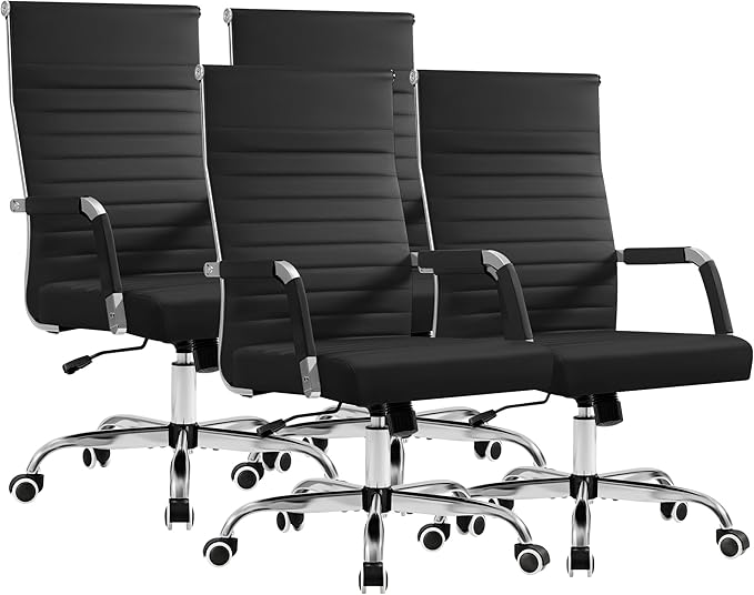 Furmax Ergonomic Office Desk Chair, Executive Ribbed Mid-Back PU Leather Conference Room Chair Adjustable Swivel Chair with Arms (4, Black)