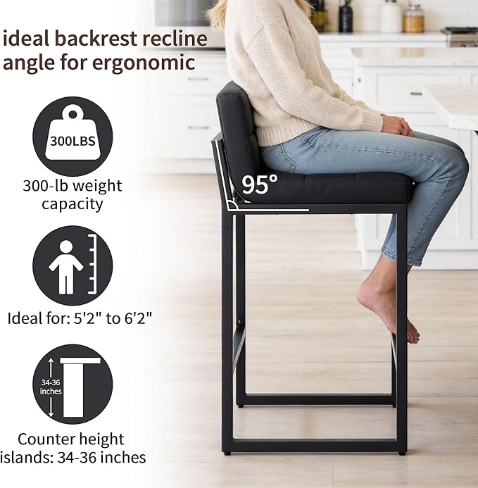 FIRAVOE Counter Height Bar Stools Set of 2, Modern Faux Leather Counter Stools with Low Back and Footrest, Upholstered Bar Chairs for Kitchen Island, Bar, Counter (Black, 2Pcs 26" Counter Stools)