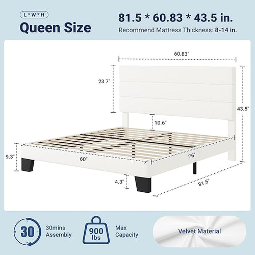 Allewie Queen Size Platform Bed Frame with Velvet Upholstered Headboard and Wooden Slats Support, Fully Mattress Foundation/No Box Spring Needed/Easy Assembly, White