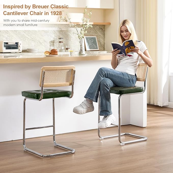 Zesthouse Natural Rattan Bar Stools Set of 2, Modern Counter Height Stools with Solid Wood Back, 26'' Counter Height Chairs, Mid Century Cantilevered Bar Chairs for Kitchen Island, Faux Leather Green