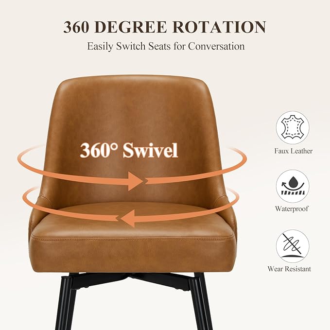 MALOL Bar Stools Set of 6, 26" Swivel Counter Height Chairs with Back,Thick Padded Seat & Footrest,Modern Faux Leather Barstool for Kitchen Island,Dining Room,Pub,Brown