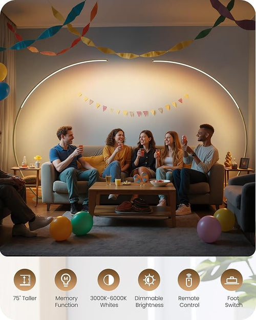 75 inch Dimmable LED Arc Floor Lamp for Living Room with Foot and Remote Control, 3 Color Temperatures, 3000K-6000K Whites, Stepless Dimming,Gold D62LD05