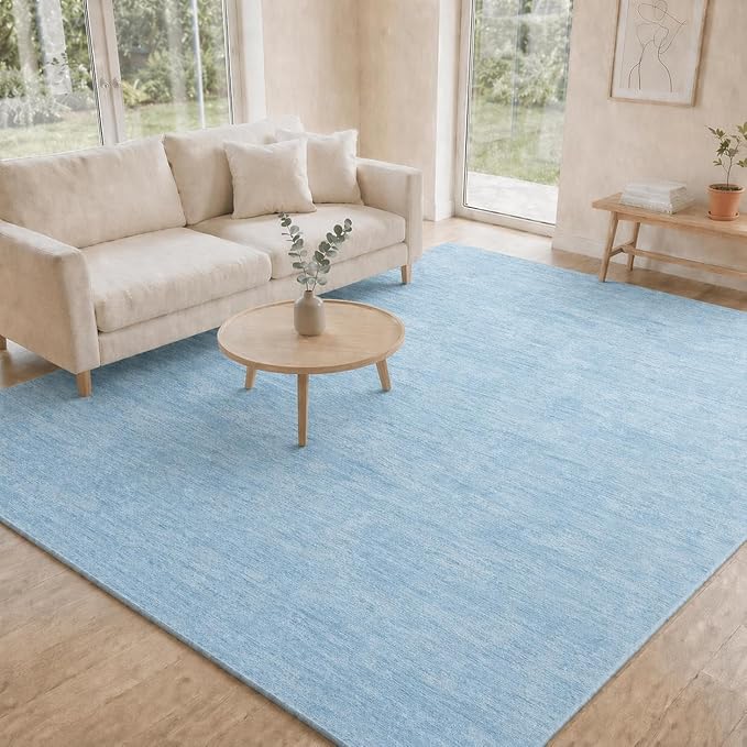 RUGSREAL Washable Rug 10x13 for Living Room Modern Abstract Area Rug Non-Slip Large Contemporary Bedroom Rug Stain Resistant Aesthetic Accent Floor Carpet Foldable Solid Rug for Home Office, Blue
