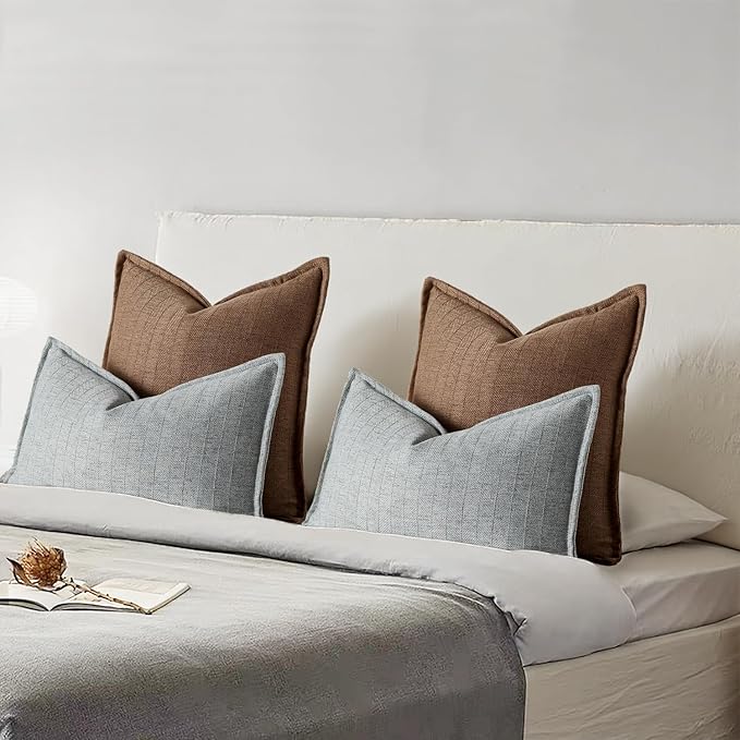 DEZENE 12x20 Linen Pillow Covers Steel Blue Pack of 2 Farmhouse Boho Neutral Accents Striped Textured Rectangular Lumbar Decorative Throw Pillow Cases for Living Room Couch Bed Home Decor