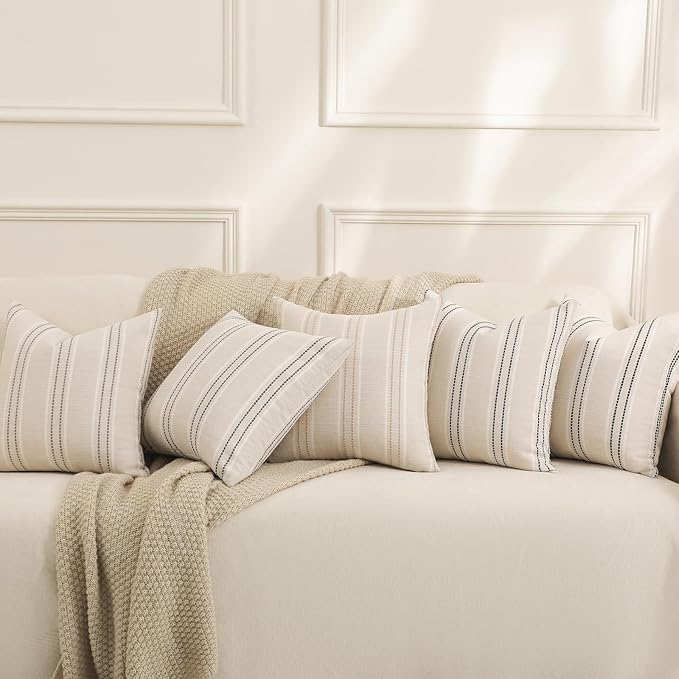 Hckot Hand Made Decorative Khaki Pillow Covers 18x18 Striped Throw Pillows Textured Linen Pillow Covers Farmhouse Decor Cushion Covers for Couch Bed Living Room, Khaki
