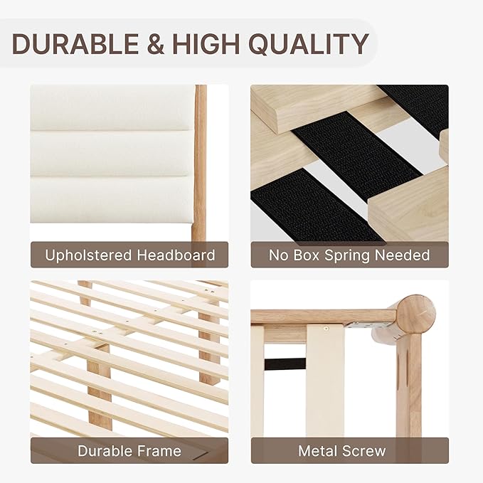 KISLOT Wood Bed Frame with Upholstered Headboard Wooden Platform with Silent Slat Support Mattress Foundation No Box Spring Needed, Easy Assembly