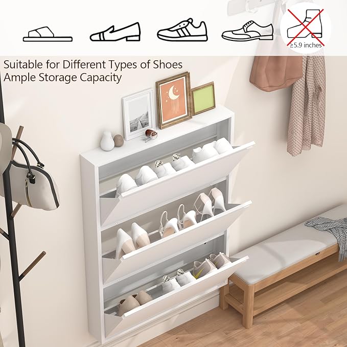 GREATMEET Slim Wall Mounted Metal Storage Cabinet with 3 Flip Drawers, Steel Hidden Shoe Cabinet Storage for Entryway, Modern Narrow Shoe Rack Organizer Cabinets for Entrance, Mudroom, Hallway, White