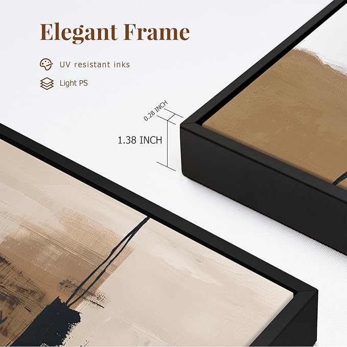 SAFERRYHOME Neutral Abstract Wall Art Tan and Black Framed Canvas Print Set, Mid-Century Modern Brown Minimalist Shapes for Living Room, Bedroom, Office - Ready to Hang - Set of 3, 16x24 Inch