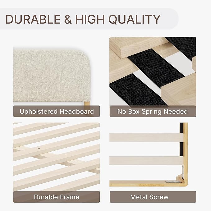 KISLOT Wood Bed Frame with USB & Type-C Charging, Boucle Platform Bed with Upholstered Headboard Mattress Foundation No Box Spring Needed Easy Assembly