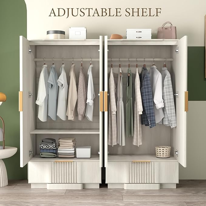 Brafab 67" Fluted Armoire Wardrobe Closet with Drawers and Doors, Wooden Wardrobe Cabinet with Adjustable Shelves, Modern Storage for Clothes, Wardrobe Wall for Bedroom, White(3 pcs)