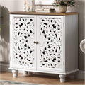 JOINICE White Accent Cabinet with Walnut Finish Top, 31" Farmhouse Storage Cabinet with Carved Doors for Living Room, Sideboard Buffet for Dining Room, Solid Wood Legs
