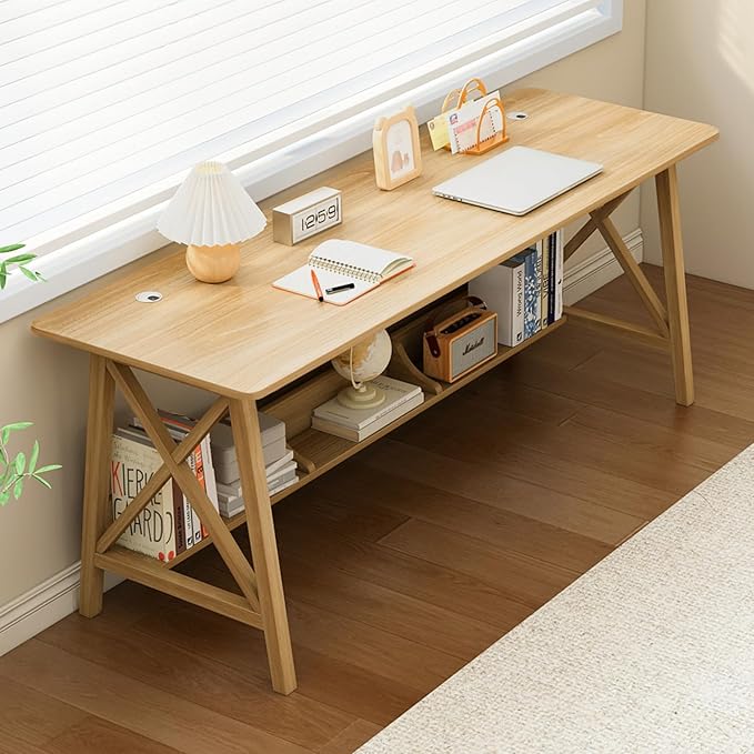 NELYE Extra Long Desk with Bookshelf - Wooden Home Office Work Study Table, 2-Person Writing Computer Workstation with Storage Shelf in Oak, 63" Wx20 Dx30 H