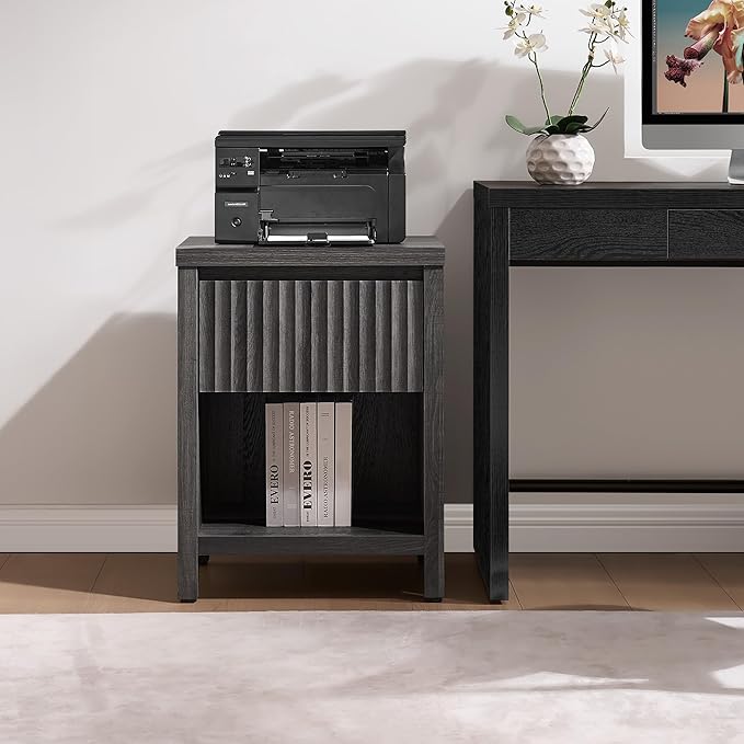 SICOTAS Fluted Night Stand Set of 2, Modern Nightstands with Drawer, Farmhouse Bedside Table with Storage Shelf, Large End Tables Bed Side Tables for Bedroom, Black Oak