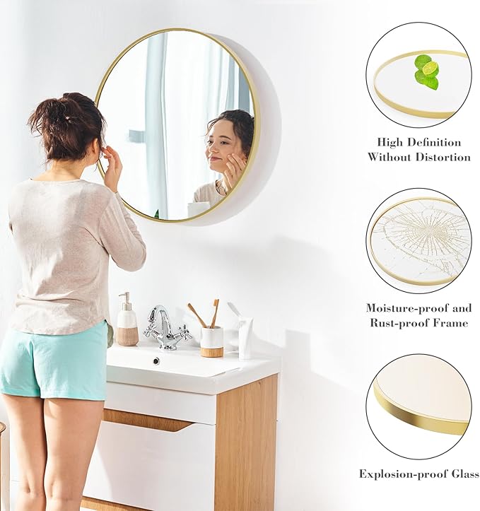 Sweetcrispy 30in Round Bathroom Mirrors for Wall, Bathroom Mirrors for Over Sink, Wall Decor for Bathroom, Entryway, Bedroom, Vanity, Gold