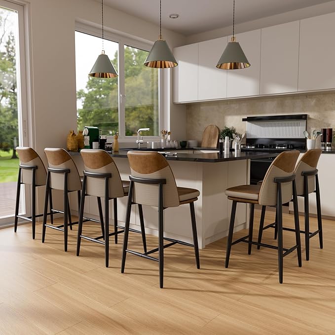 GXJ Bar Stools Set of 4, Upholstered Counter Height Bar Stools, 26 Inch Modern Counter Stools with Back, Textured Leather&Fabric, Metal Legs,Barstools for Kitchen Island Dining Room, Brown