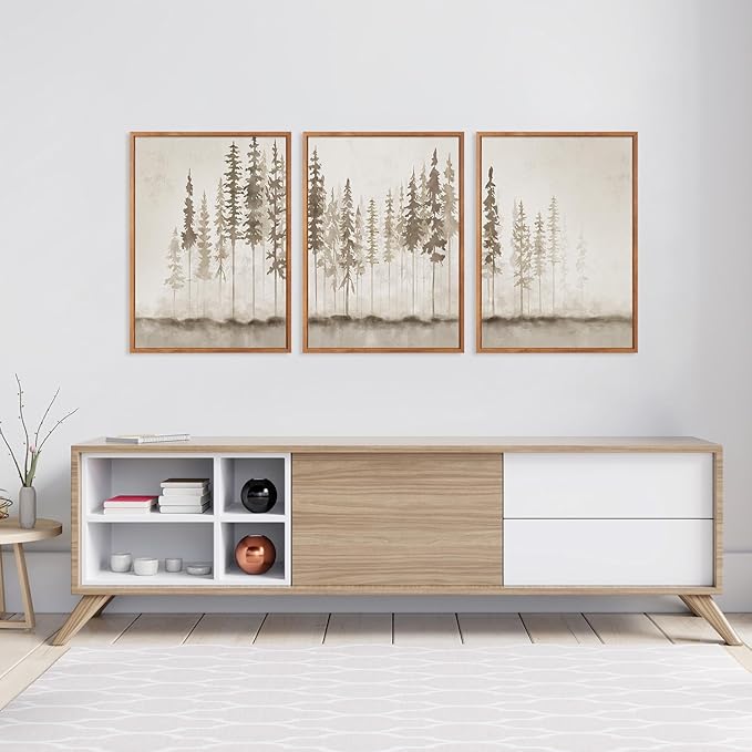 HPINUB Large Misty Forest Framed Canvas Wall Art Set, (Set of 3,12X16 Inch) Modern Foggy Pine Tree Wall Decor, Nature Landscape Wall Painting, Abstract Foggy Forest Art Print for Living Room, Office