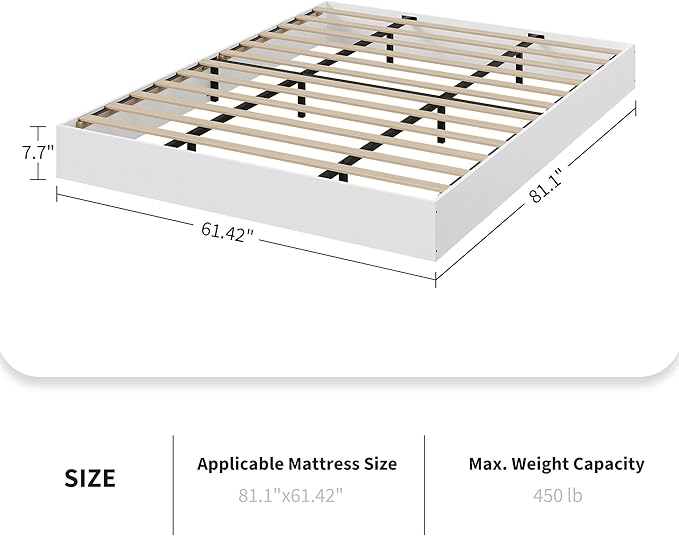 Queen Bed Frame, Wood Platform Bed with Sturdy Wooden Slats, Floor-Standing Bed Frame, Modern Minimalist Design, No Box Spring Needed, Easy Assembly, White