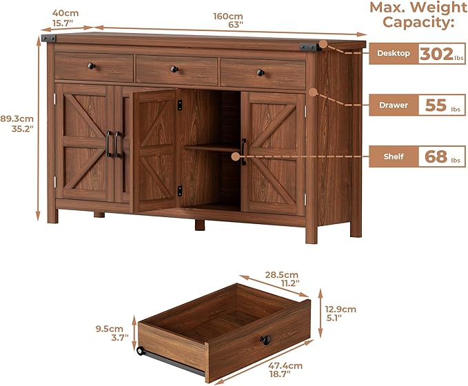 VVFLU 63" Sideboard Buffet Cabinet with Storage, Coffee Bar with 3 Drawers and 4 Barn Doors, Long Wider Storage Cabinet Modern Farmhouse, Cherry Wood, for Kitchen, Dining Room, Living Room
