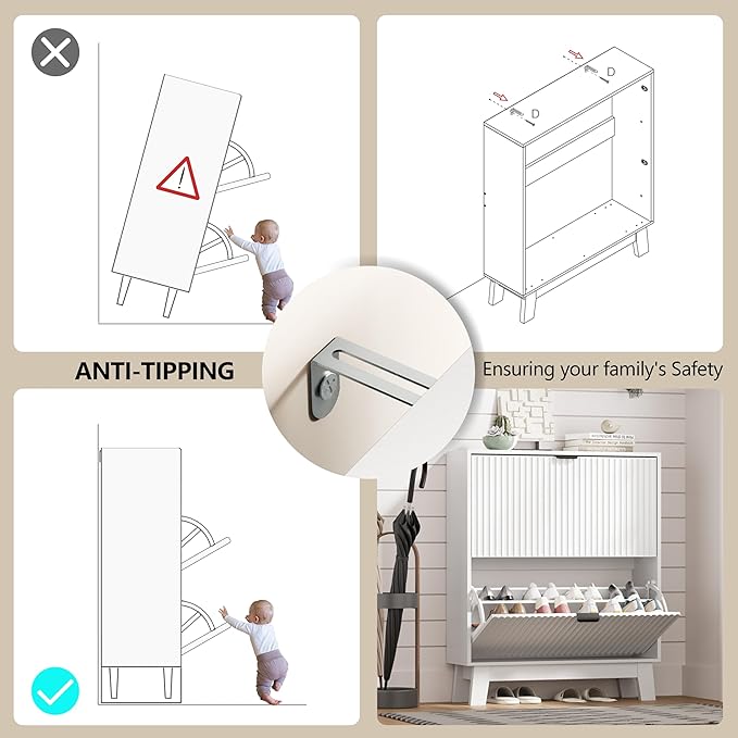 HUANLEGO Shoe Cabinet Storage for Entryway with 2 Flip Drawers, Fluted Narrow Shoe Organizer with Wooden Legs, Freestanding Slim Shoe Storage Hidden Shoe Rack Organizer for Front Door Entrance, White