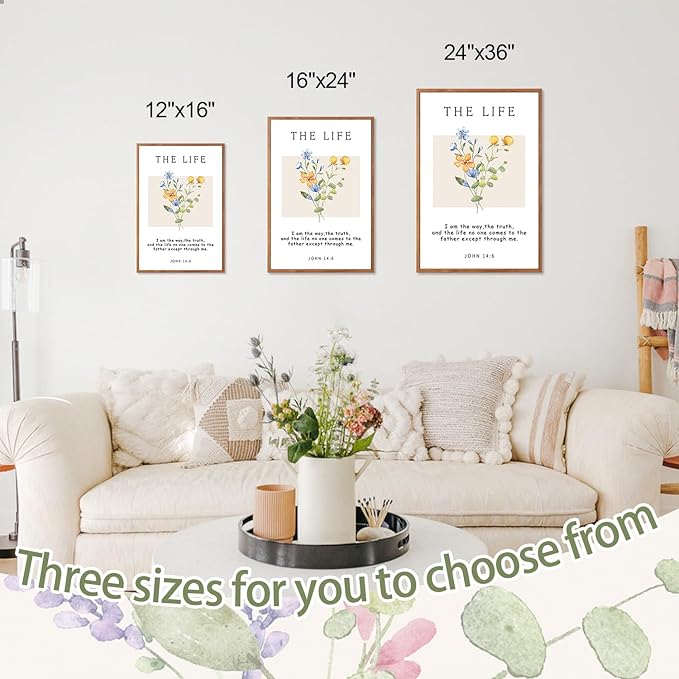 CHDITB Christian Bible Verse Framed Wall Art Set, Floral Scripture Canvas Prints, The Way The Truth The Life Religious Painting, Faith Inspirational Decor for Living Room, Bedroom, Church 16"x24"X3