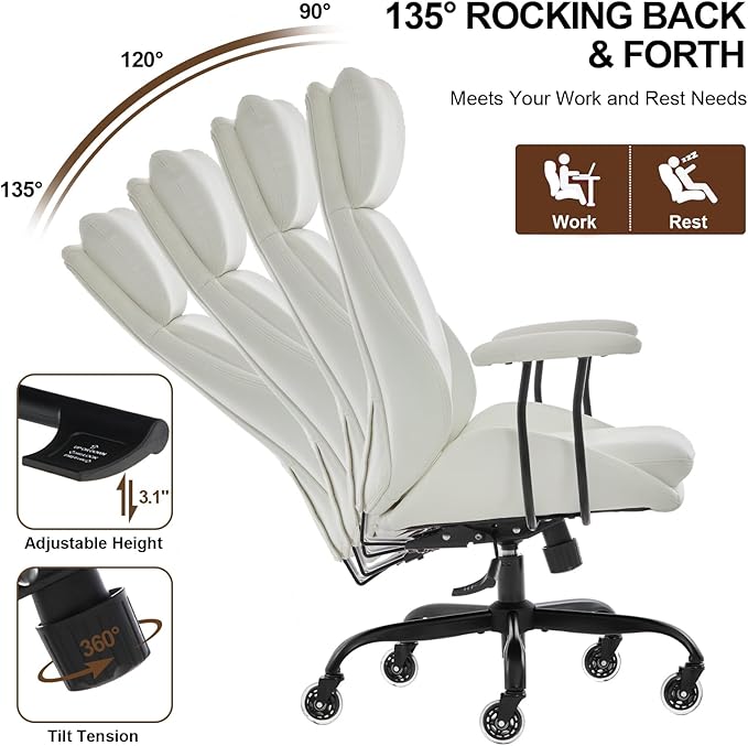 E-Motie Office Chair, Leather Desk Chair with Rubber Wheels, Ergonomic Computer Chair 500 LBS with Lumbar Support, High Back Executive Chair for Modern Home Office, White