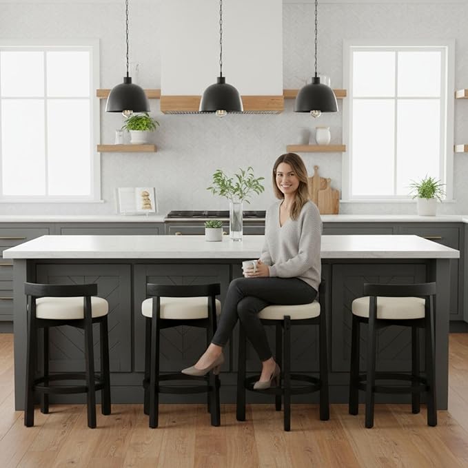 LukeAlon Mid Century Linen Counter Stools Set of 4, Upholstered 26.5” Seat Height Low Barstools with Black Wood Legs Round Low Back Kitchen Stools with Footrest for Dining Room Restaurant, Beige