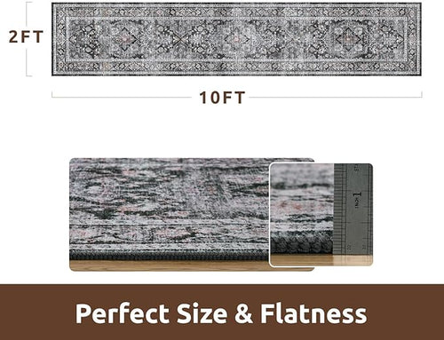 AMOAMI-2X10 Runner Rug-Washable Runners for Hallways-Soft Non Slip Bedside Rugs for Bedroom-Vintage Long Rug for Hallways Entryway Laundry Room Stair Kitchen Bathroom Dark Grey & Black