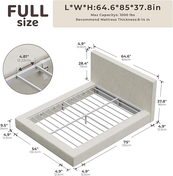 RECCI AirFrame Full Size Bed Frame with Headboard, Cloud Upholstered Platform Bed Frame, 5 Inch Foam Cushioned, No Box Spring, Easy Assembly(Beige Chenille)