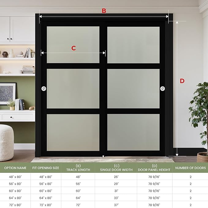 SMARTSTANDARD Sliding Closet Door 60x80(Double 31") Inch, Bypass Frosted Glass 3-Lite,Hardware Kit with Handles Included, Preassembled MDF with PVC Panels for Easy Install, Black