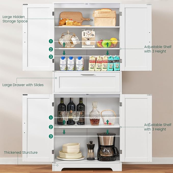 Iwell 67" Tall Storage Cabinet, Rattan Cabinet with 2 Adjustable Shelves & Large Drawer, Pantry Cabinets for Kitchen, Living Room, Home Office, Natural | Adjustable Shelf, 1 Large Drawer, 4 Doors