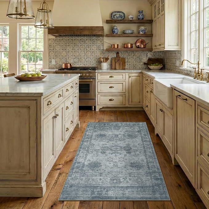 Homemate Washable Rug 3x5 Area Rugs - Vintage Faux Wool Rugs for Living Room Bedroom Dining Room - Non Slip Foldable Carpet Indoor Area Rug for Home Decor（3'x5', Blue
