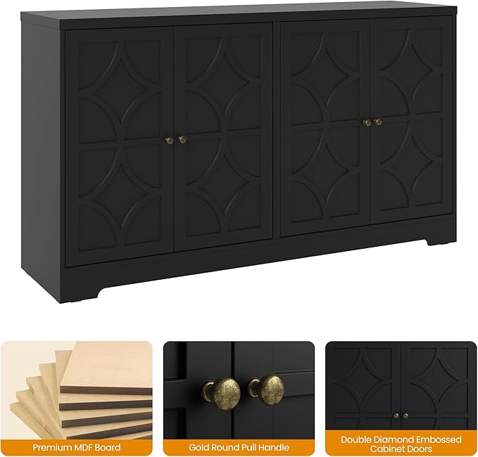 RoyalCraft 56'' Modern Kitchen Buffet Table with 4 Doors and Adjustable Shelves, Sideboard Buffet Cabinet with Storage, Wood Credenza Accent Coffee Bar Cabinet for Entryway, Living Room, Satin Black