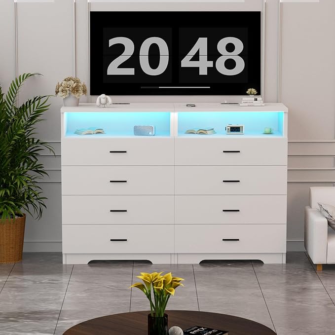 FJTJBSI Dresser with Power Outlets and LED Lights Wooden 4 Drawer Dresser with Large Organizer Tall White Drawer for Bedroom Modern Chest of Drawers Closet for Living Room Kids Room