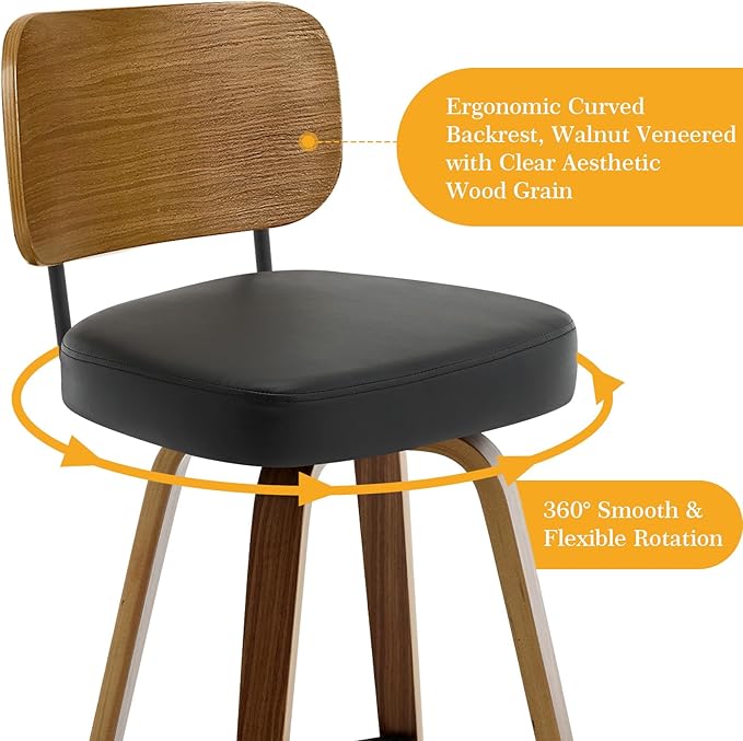 Bekrvio Swivel Counter Height Bar Stools Set of 4, Mid-Century Modern Upholstered Faux Leather Barstools with Wood Back, 26" Seat Height Bar Stools for Kitchen Island, Black Seat and Walnut Frame