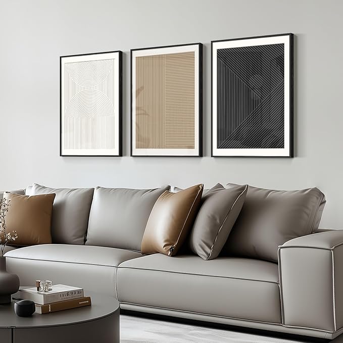 Framed Black and White Abstract Wall Art for Living Room, Modern 3 Piece Minimalist Boho Artworks, Neutral Geometric Painting Prints for Bedroom Dining Room Hallway Home Office Wall Decor, 16x24 In