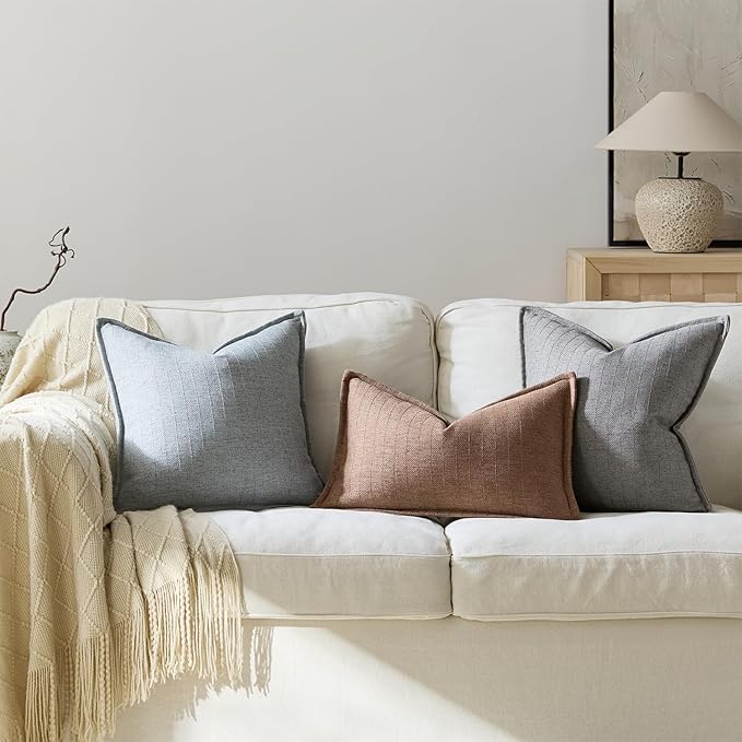 DEZENE 26x26 Linen Euro Sham Pillow Covers Steel Blue Pack of 2 Farmhouse Boho Neutral Accents Striped Textured Square Decorative Throw Pillow Cases for Living Room Couch Bed Home Decor