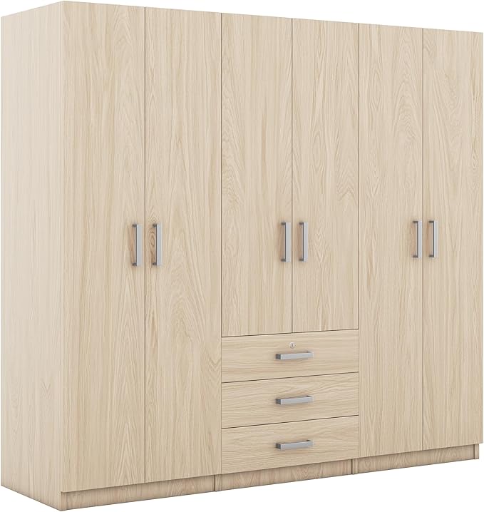 6 Door Armoire Wardrobe Closet with Big 3 Drawers, Wooden Freestanding Bathroom Armoire Cabinet with Shelves and Hanging Rod, Clothes Storage Organizer for Bedroom, Guest Room (Brown)