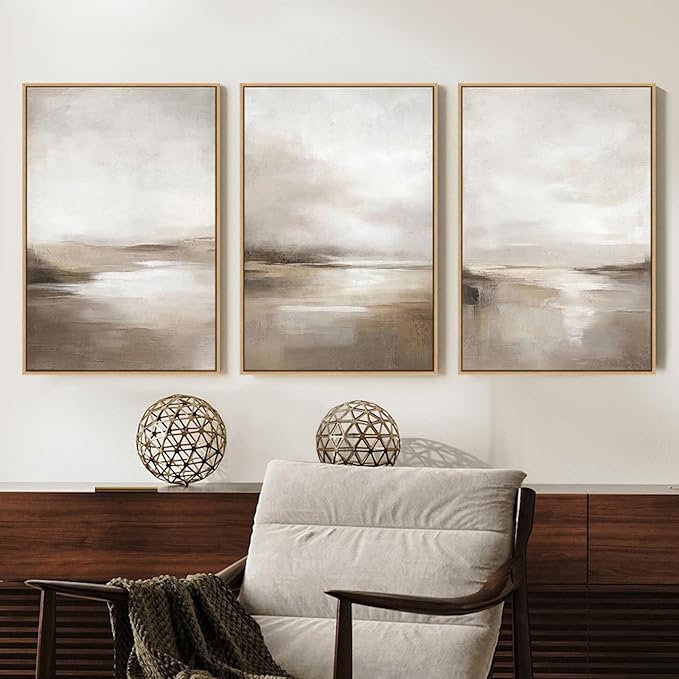 SAFERRYHOME Neutral Abstract Wall Art - Minimalist Framed Canvas Print Set, Landscape Shapes Abstract Illustrations Modern Nordic Calm Decor for Living Room, Bedroom, Bathroom - 3 Panels 24x36 Inch